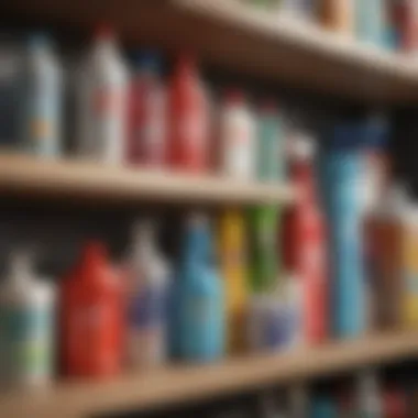 An organized collection of household cleaning supplies on a shelf.