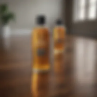 Natural cleaning solutions in stylish bottles on a wooden surface