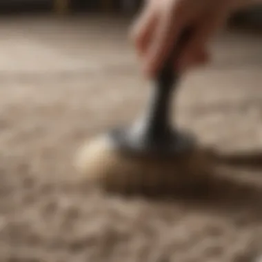 A close-up view of a rug being gently brushed