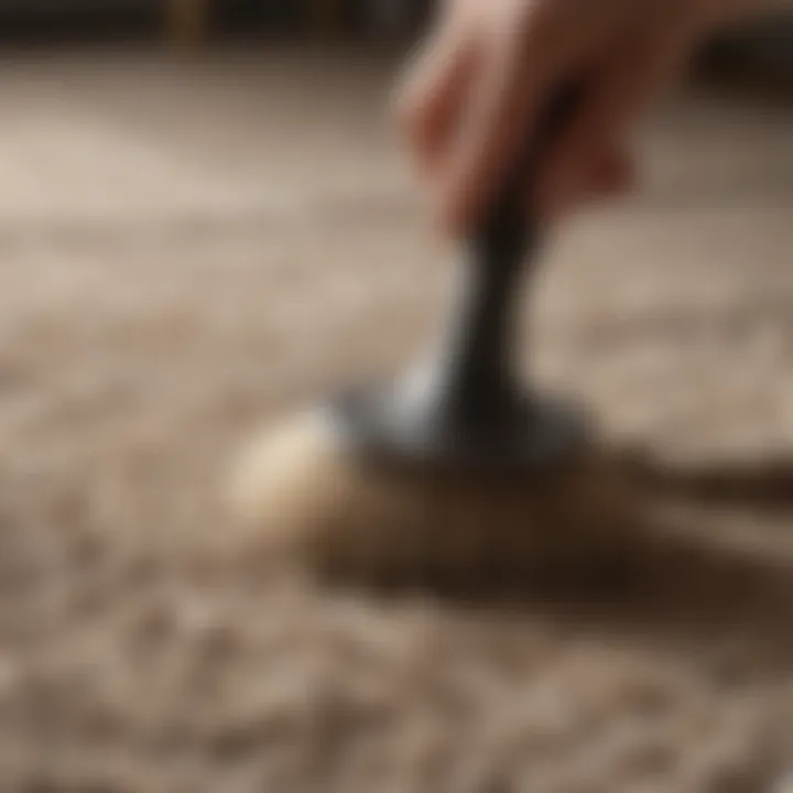 A close-up view of a rug being gently brushed