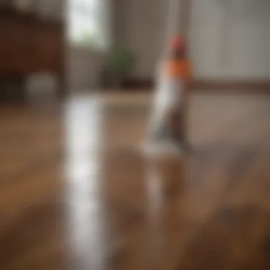 Cleaning solution being applied to a wooden floor stain