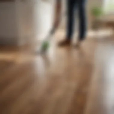 A homeowner applying cleaner on laminate floor with a spray bottle