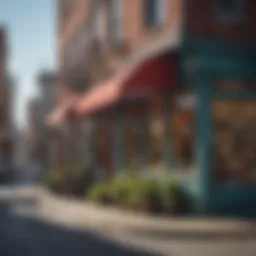 A vibrant street scene in a Philadelphia neighborhood showcasing local shops and cafes