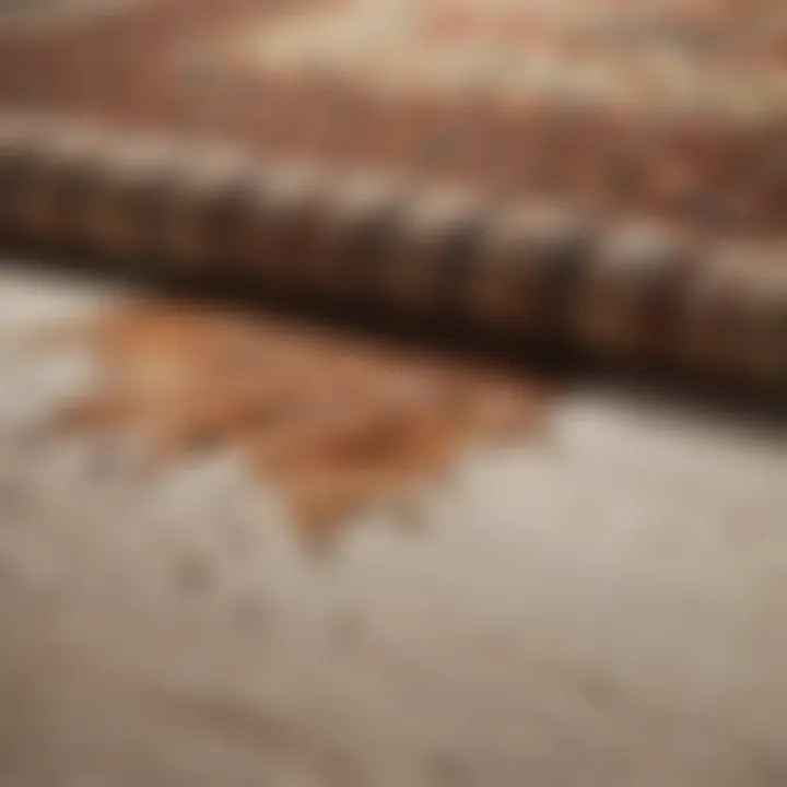 A close-up of a stain on a rug before cleaning