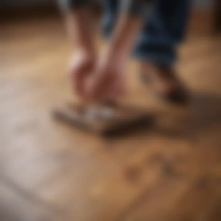 A person assesses the condition of a floorboard with a magnifying glass