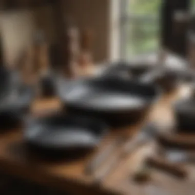 Essential Tools for Effective Cast Iron Care Different tools for cleaning cast iron pans arranged neatly