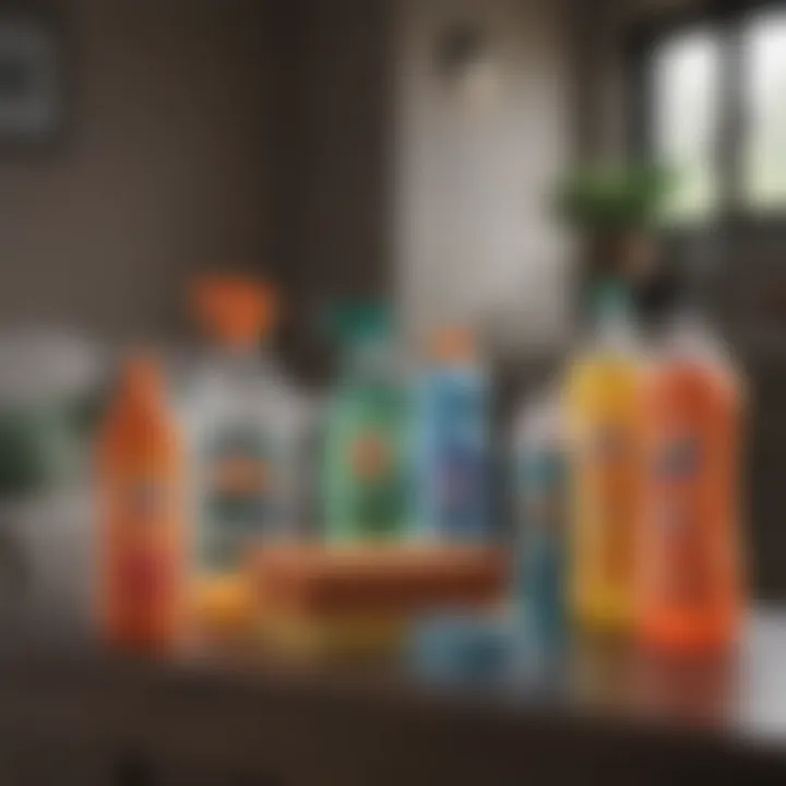 A variety of cleaning products arranged neatly