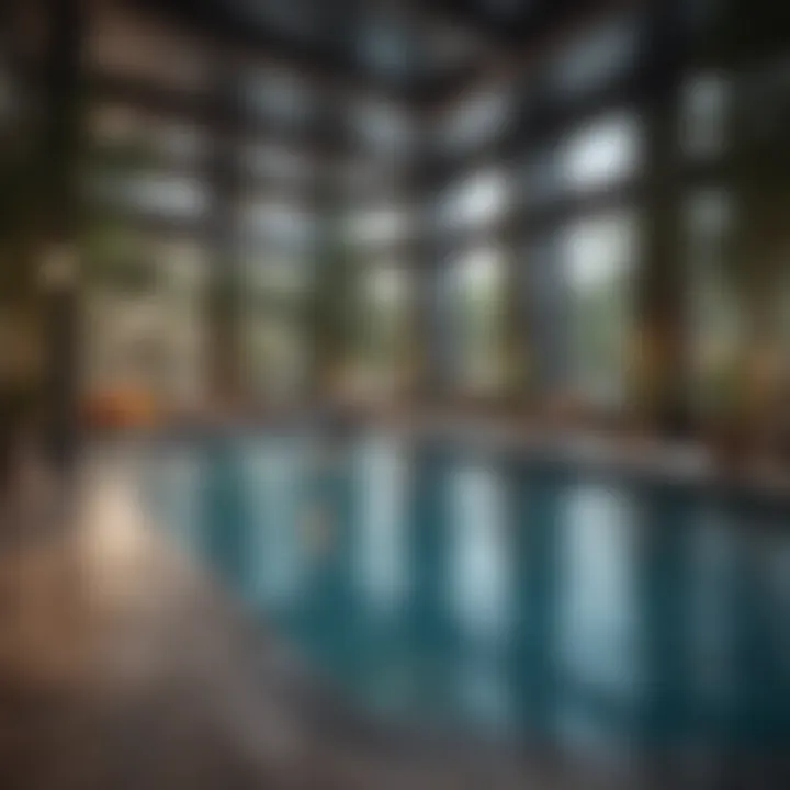 Amenities in an upscale apartment complex, including a pool and gym