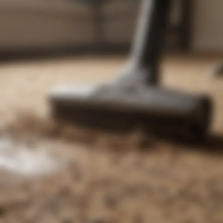 Detailed view showing dirt removal from a rug