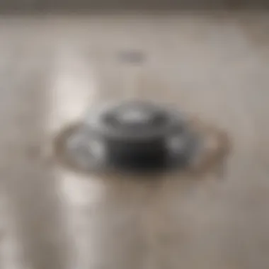 Close-up of a blocked shower drain with hair and soap buildup