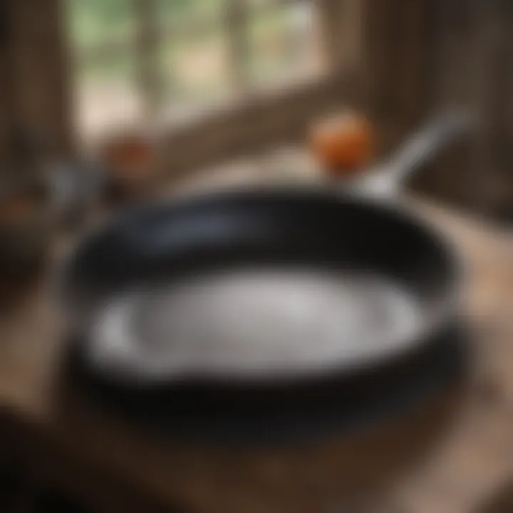 A cast iron skillet placed on a rustic wooden surface