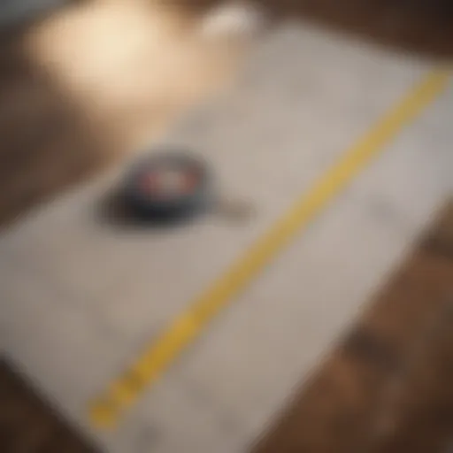 A detailed measuring tape laid out on a floor plan, indicating precise measurements.