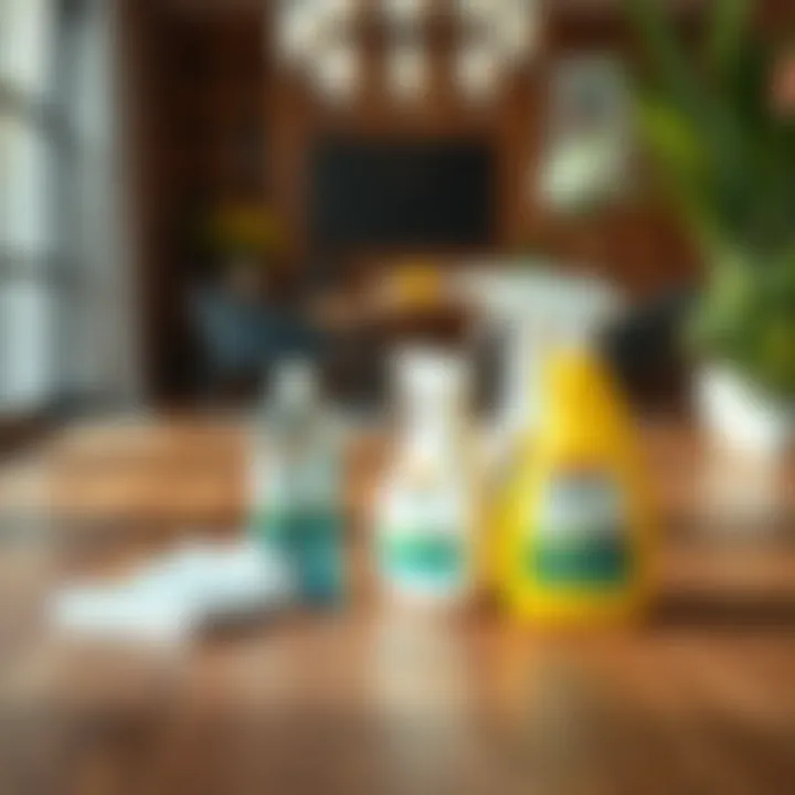 Eco-friendly cleaning products on a wooden surface