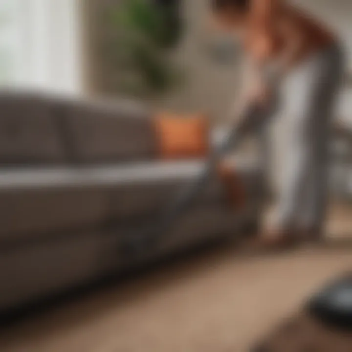 Person using a vacuum cleaner on a sofa