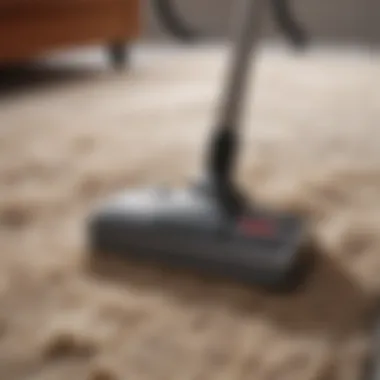 Close-up view of a vacuum cleaner being used on a plush rug, highlighting the importance of removing dirt and debris.