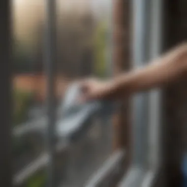 Wiping Window for Streak-Free Finish A cloth being used to wipe a window clean, showcasing streak-free results