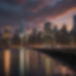 A scenic view of New York City skyline at dusk