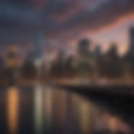 A scenic view of New York City skyline at dusk