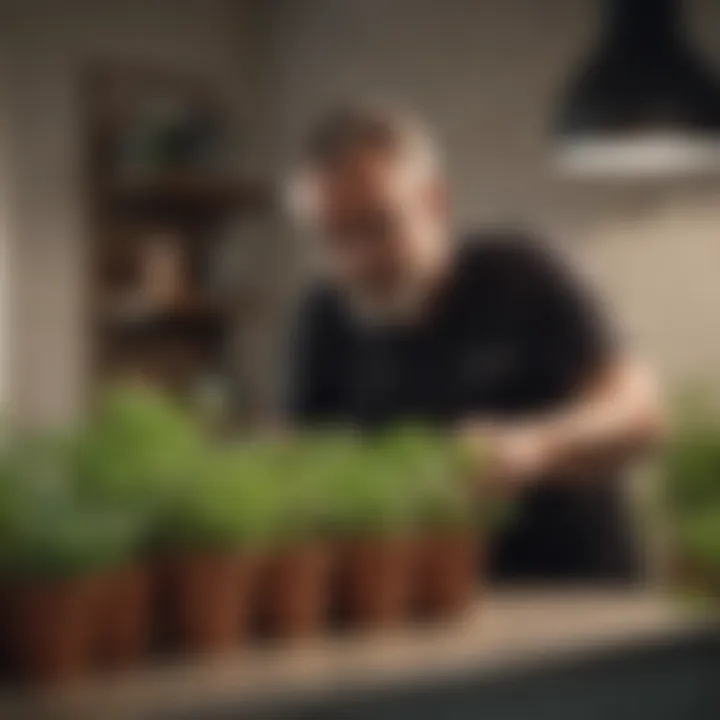 A gardener inspecting herb plants, representing attentive care and maintenance.