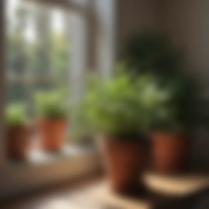 Sunlight streaming through a window onto potted herbs, demonstrating optimal light conditions.