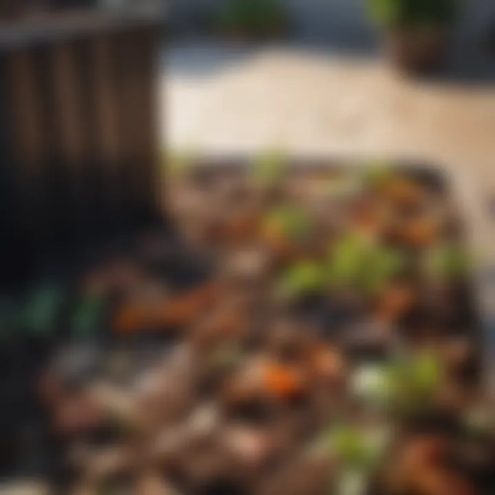 Close-up of compost materials like vegetable scraps and leaves in a bin