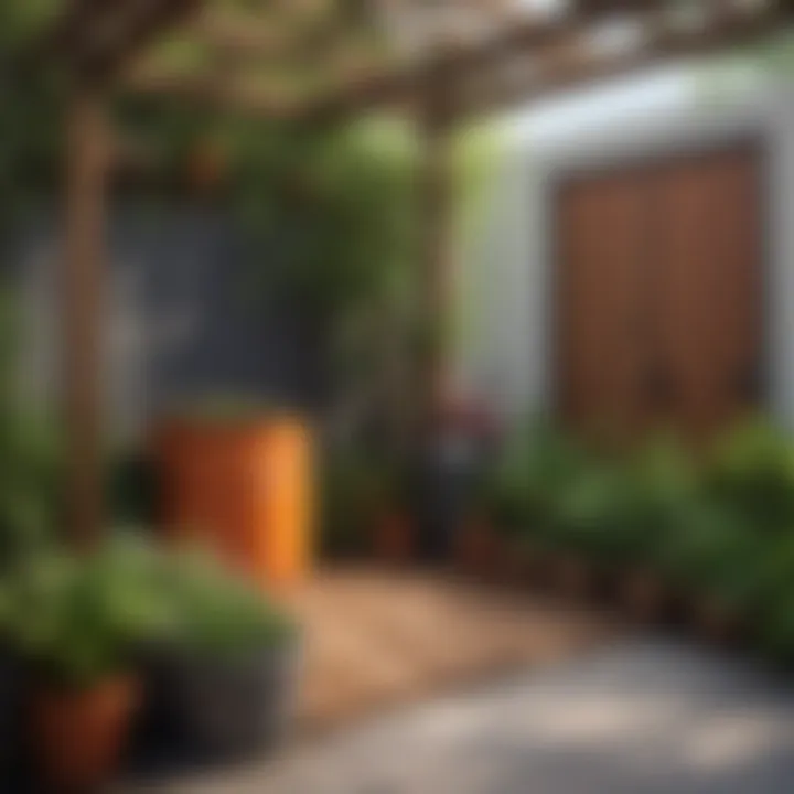 A vibrant patio garden showcasing a compost bin surrounded by potted plants