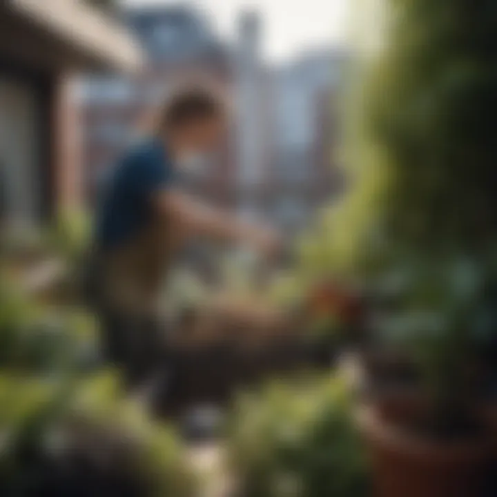 A person tending to a compost heap on a balcony, illustrating urban gardening