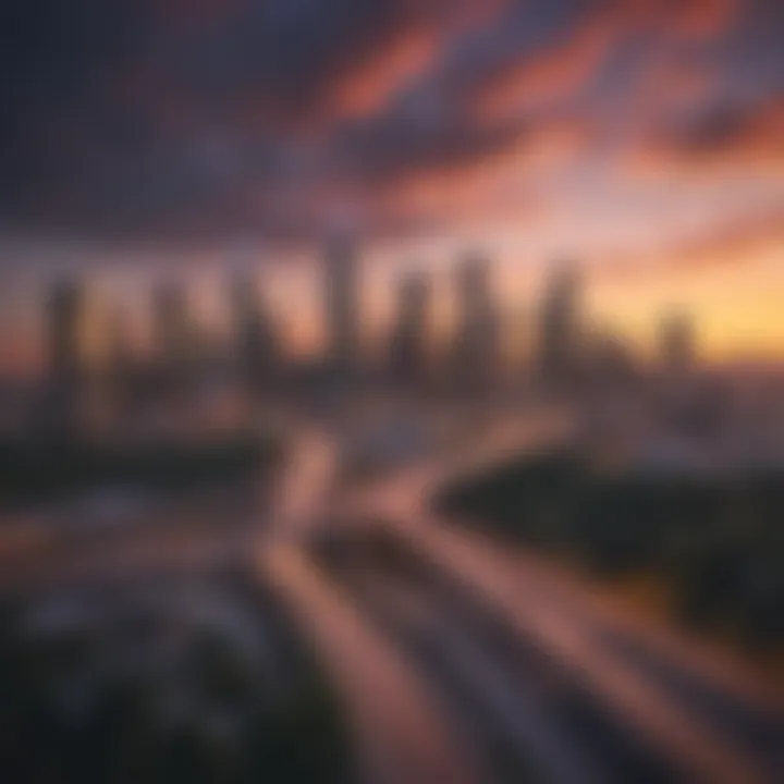 An overview of Atlanta's skyline at sunset with colorful skies