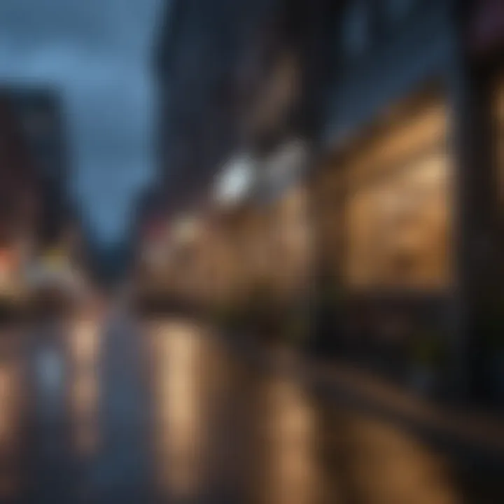A vibrant downtown area with shops, cafes, and bustling streets