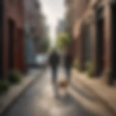 A pet owner walking their dog through a vibrant DC street