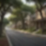 A picturesque view of a San Antonio neighborhood showcasing tree-lined streets and beautiful homes