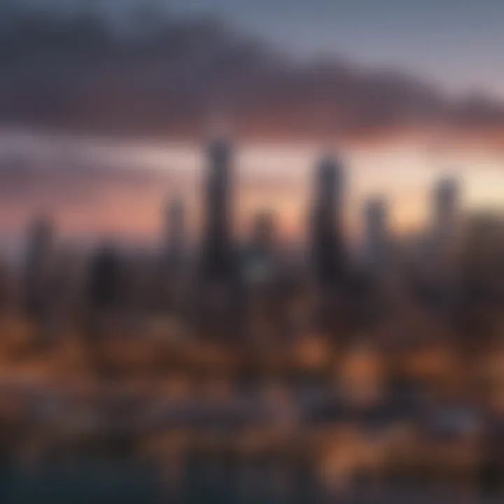 A panoramic view of the iconic Chicago skyline during sunset, showcasing the city's stunning architecture.