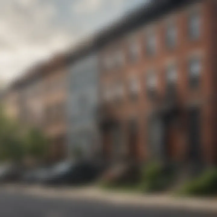 Eclectic row of townhouses displaying diverse architectural styles.