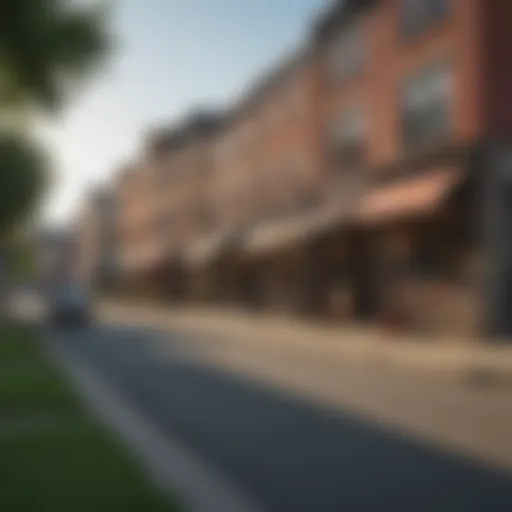 A vibrant street view of a Baltimore neighborhood showcasing local shops and cafes