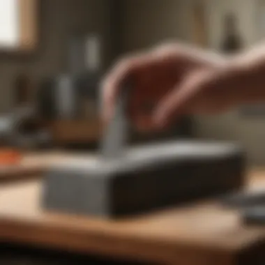 Traditional Whetstone Sharpening A traditional whetstone with a knife resting on it