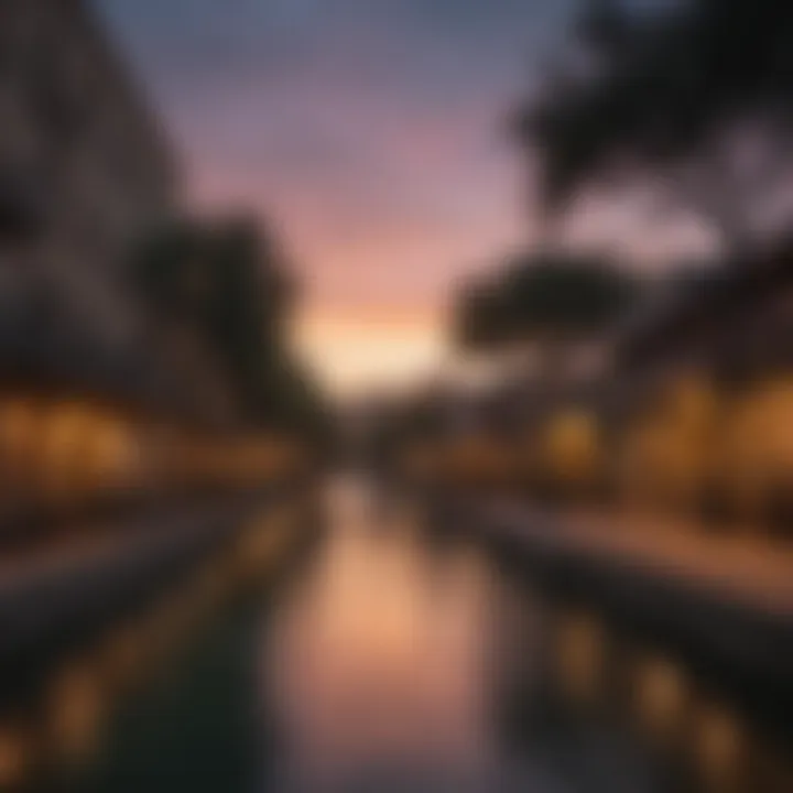 A picturesque view of the San Antonio River Walk at sunset