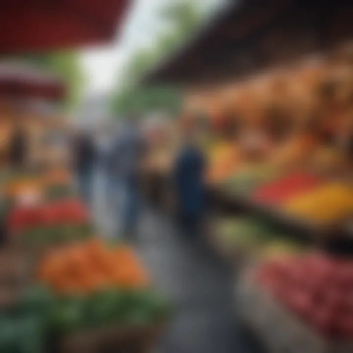 A bustling local market with vibrant stalls and fresh produce