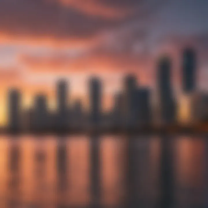 A stunning view of Miami's skyline during sunset with vibrant colors reflecting on the water