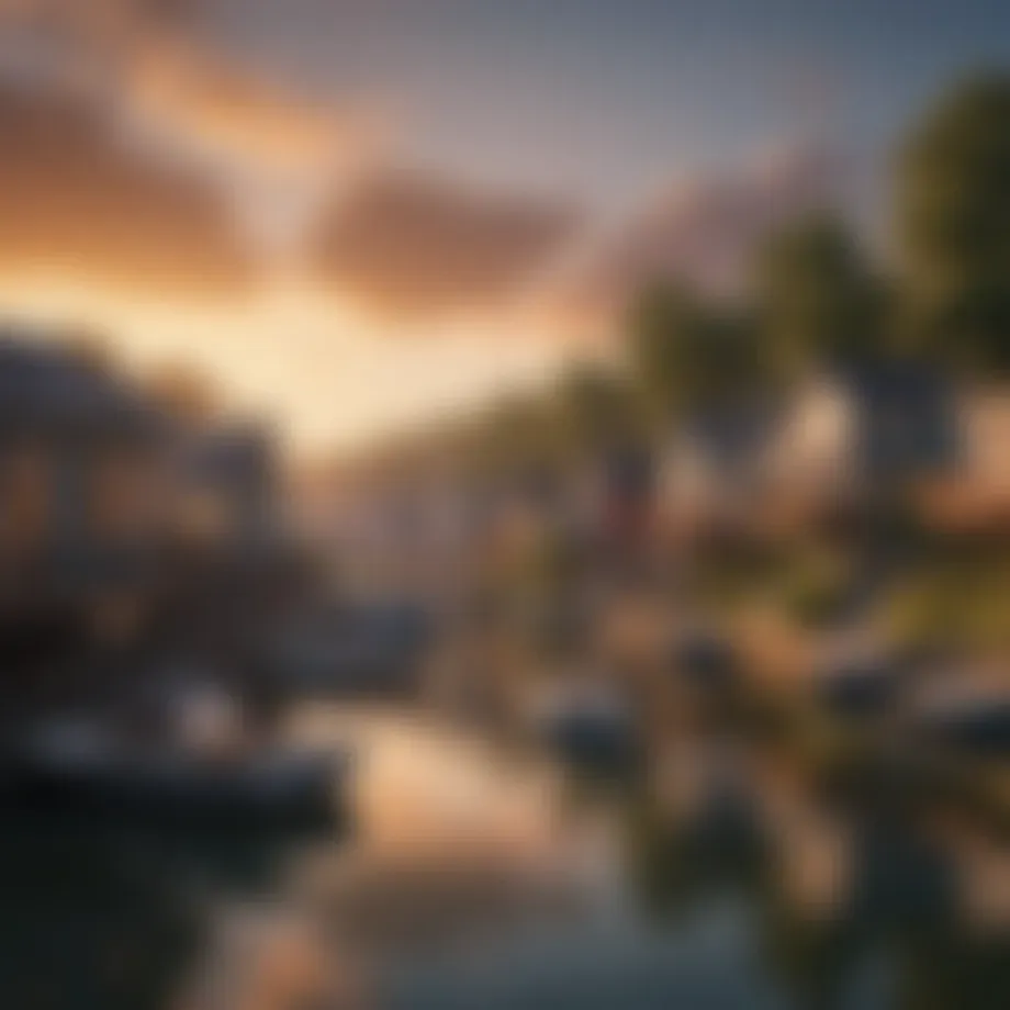 A panoramic view of floating houses at Whitman Hollow Marina against a sunrise.