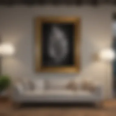 Elegant arrangement of framed artworks on a living room wall