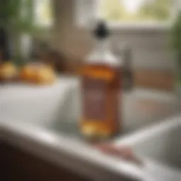 A bottle of vinegar placed beside a clogged sink