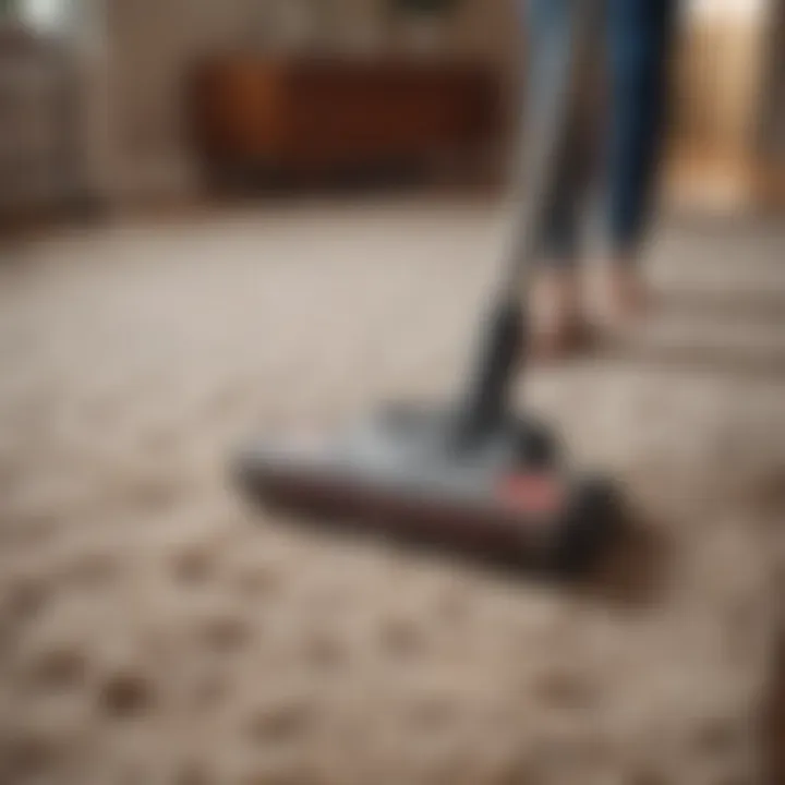 Demonstrating the proper technique for vacuuming a rug