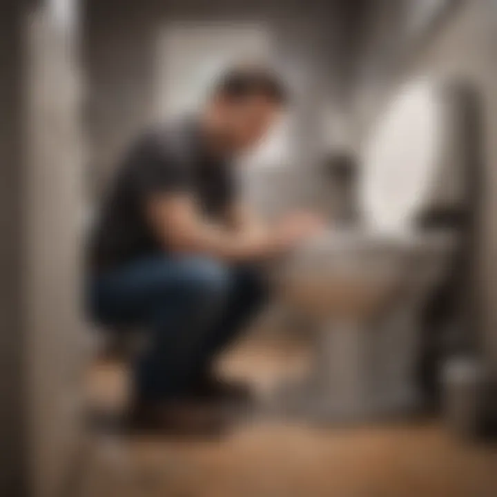 Professional plumber assessing a clogged toilet