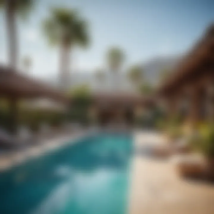 Vibrant community amenities including a pool and lounge area at Las Flores