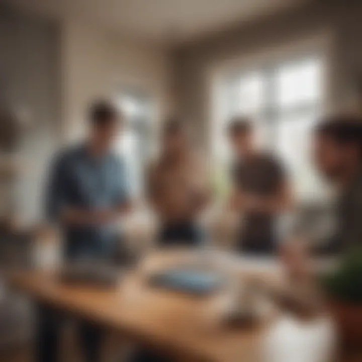 Group of roommates discussing household tasks with a digital device