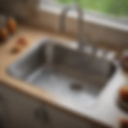 Overview of a clogged kitchen sink with water pooling