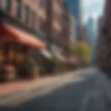 A vibrant street scene in downtown Boston showcasing local cafes and shops