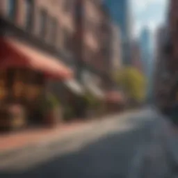 A vibrant street scene in downtown Boston showcasing local cafes and shops