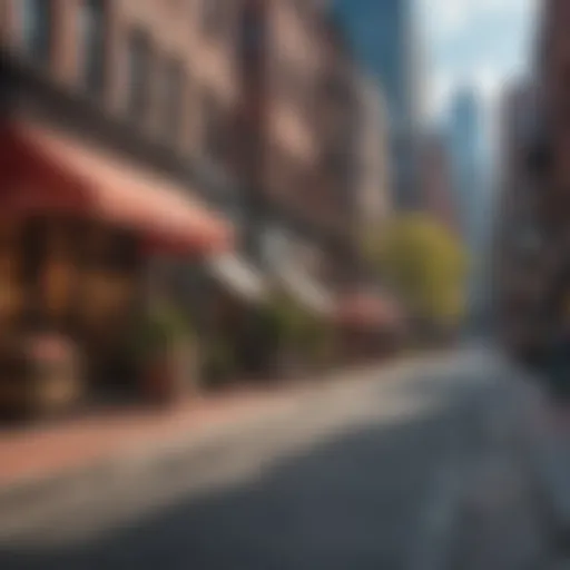 A vibrant street scene in downtown Boston showcasing local cafes and shops