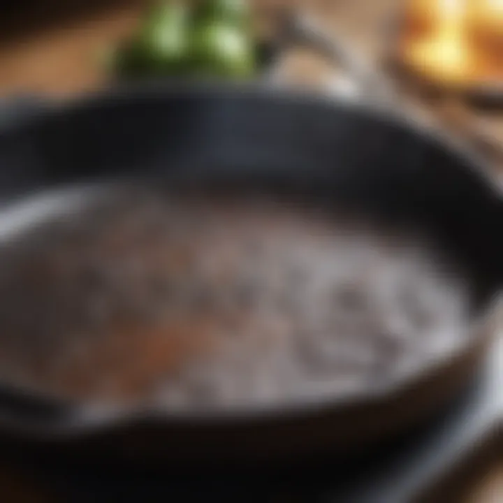 Close-up of a cast iron pan with stubborn food residue